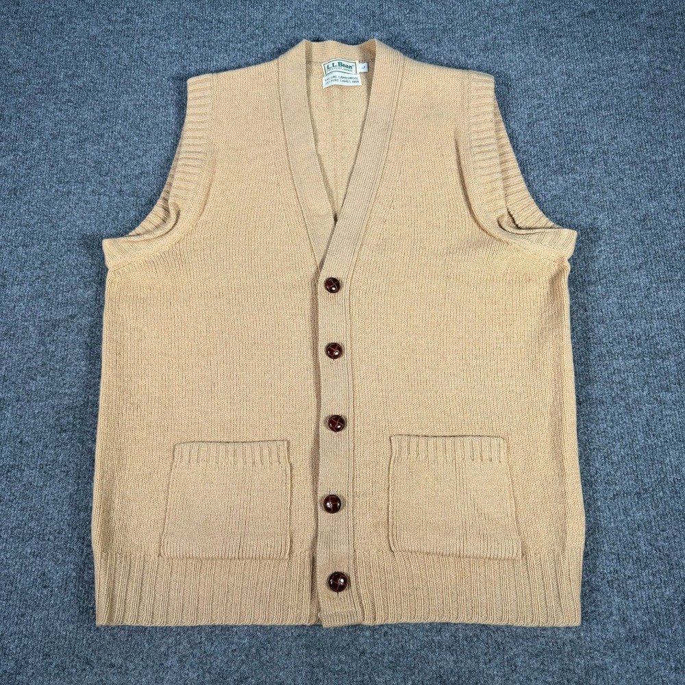 Vintage LL Bean Camel Hair Lambswool Cardigan Sweater Vest L USA #4347